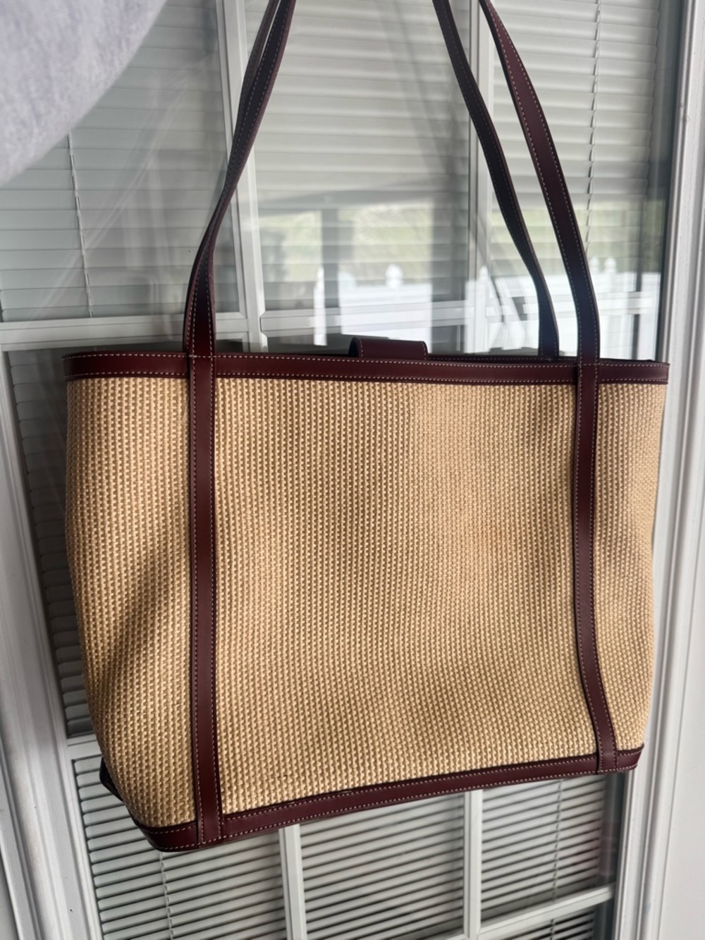 Woven Straw Tote Bag with Burgundy Trim - Women
